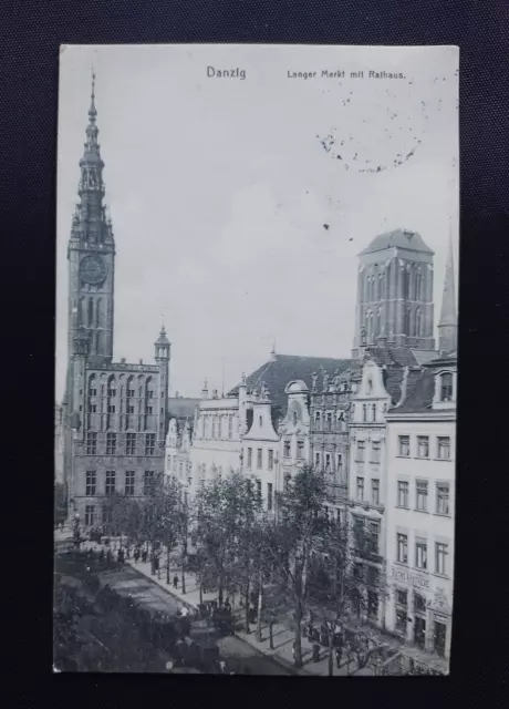 AK Danzig Langer Markt mit Rathaus, Marienkirche, Apotheke gelaufen 1914 Gdańsk