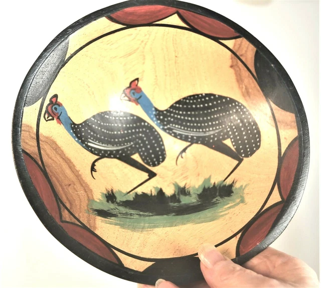 African Folk Art Wooden Bowl Hand Turned & Hand Painted Guineas 2.5" Tall x 8"