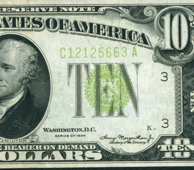 $10 1934 LGS LIME ((LIGHT GREEN SEAL)) Federal Reserve Note ** DAILY CURRENCY