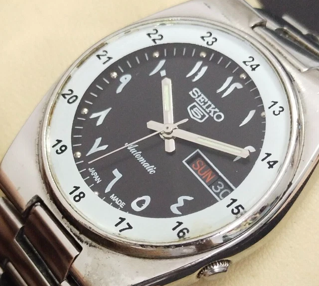 VINTAGE SEIKO 5 Automatique 24H Cadran Noir Montre Pour Homme Chiffres Arabes EUR 60,00