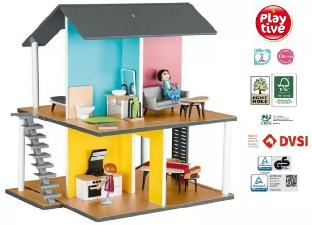 Playtive Junior Puppenhaus Set 24 tlg. 2 Etagen mit Zubehör Kinder-Spielhaus NEU