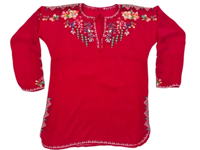 Johnny Was Vanessa Tunic Blouse Embroidered Floral Size L Red/Pink