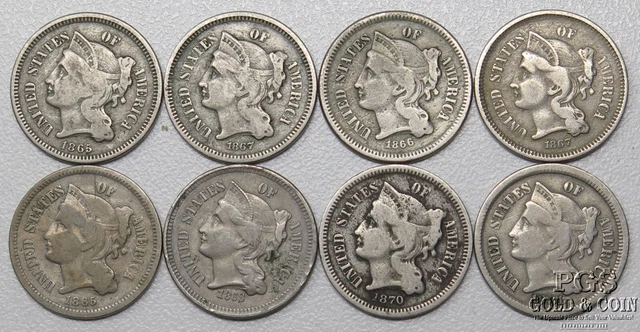 (8) 1865-1881 3 Cent Nickels 3CN 27097