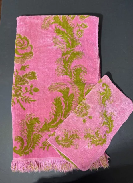 Vintage Bathroom Towel And Wash Cloth Green Pink Grants Home Made In USA