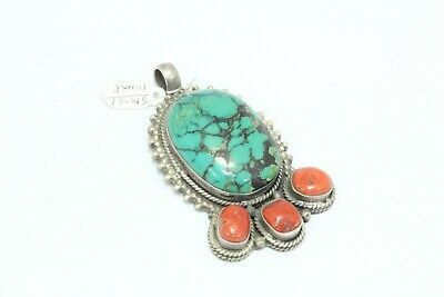 Old Handmade Pendant 925 Sterling Silver Natural Turquoise & Coral Gem Stones -7
