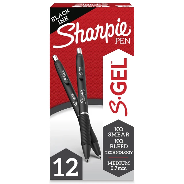Sharpie S Gel Pens, Fine Point, 0.7 mm, Black, Black Ink, 12-Pack