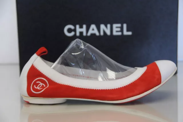 New Chanel Red Suede White CC Stretch Ballerinas Ballet Flats Flat Shoes 36