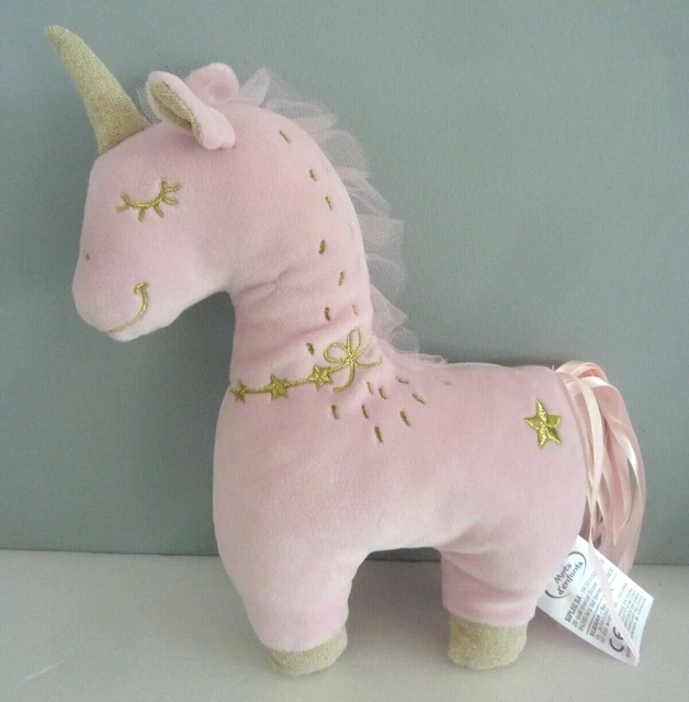 80. DOUDOU PELUCHE MOTS D'ENFANTS LICORNE rose doré rubans ht 27cm - TBE