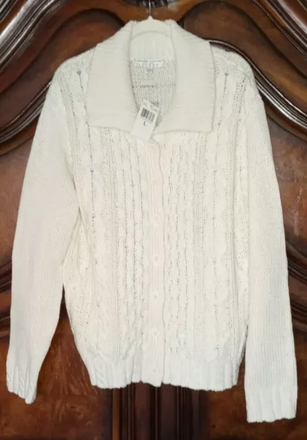 Carolyn Taylor Sweater L New Chunky Cable Knit Cotton Ramie Blend Cardigan NWT
