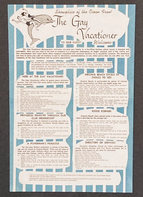 1960s The Gay Vacationer Virginia Beach VA Trave Souvenir Fold Out Brochure