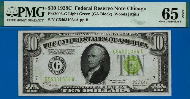 Near TOP POP ✅ 1928-C $10 FRN ➡️ 2nd Finest 🔴 Chicago LGS ⬅️ PMG 65EPQ # 31064