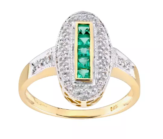 9ct Yellow Gold Emerald & Diamond Art Deco Style Ring size J K L M N O P Q R S