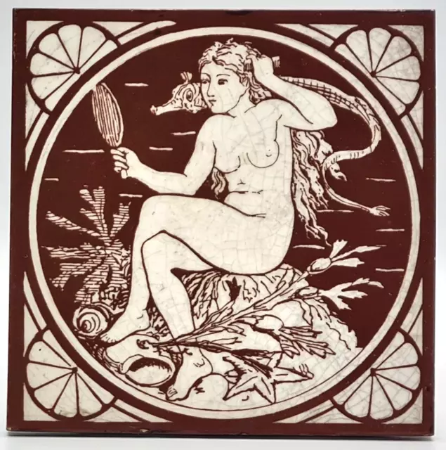 Antique Minton Tile Block Printed Water Nymphs J.Moyr Smith C1875 RARE AE2