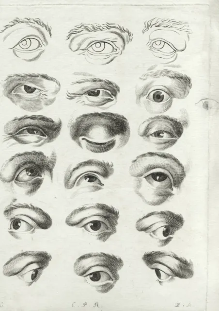 Eau forte XVIIIe, étude, anatomie du visage, mouvement des yeux, regard