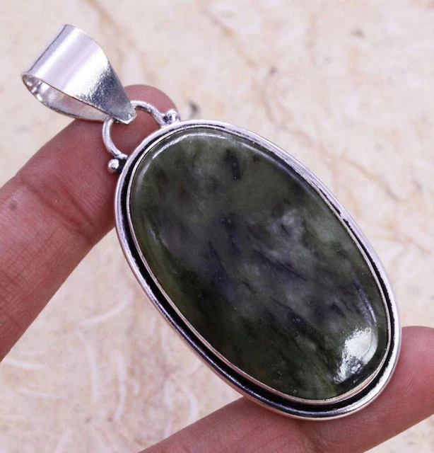 Alluring Green Aventurine 925 Silver Plated Handmade Pendant of 2" Ethnic Gift