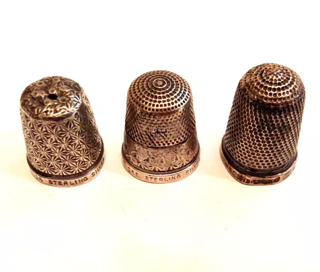 3 x solid silver hallmarked antique  / vintage sewing  thimbles