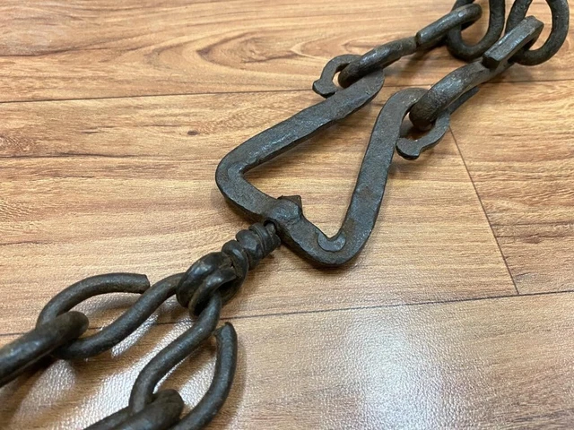 Old Vintage Hand Forged Wrought Iron Unique Lamp /Lantern Hanging Chain 2 Hooks