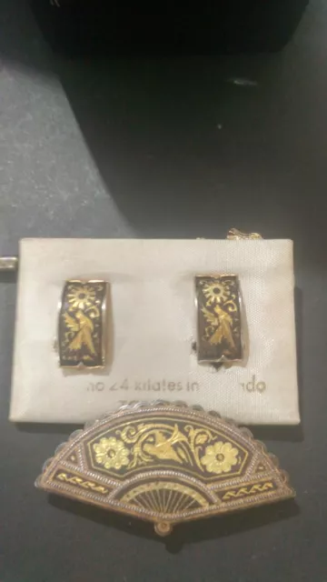Vintage Damascene 1950s 24k Gold Goldplated Bird Brooch And Earring Set