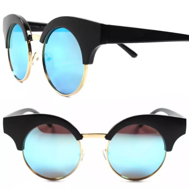 Designer Upscale Celebrity Chic Blue Mirrored Lens Black Womens Round Sunglasses