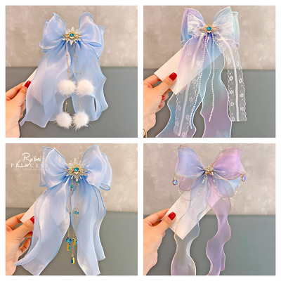 Baby Girls kids Ribbon Bow Fronzen Elsa Princess Chiffon Lace Pom Hair Clip Bows