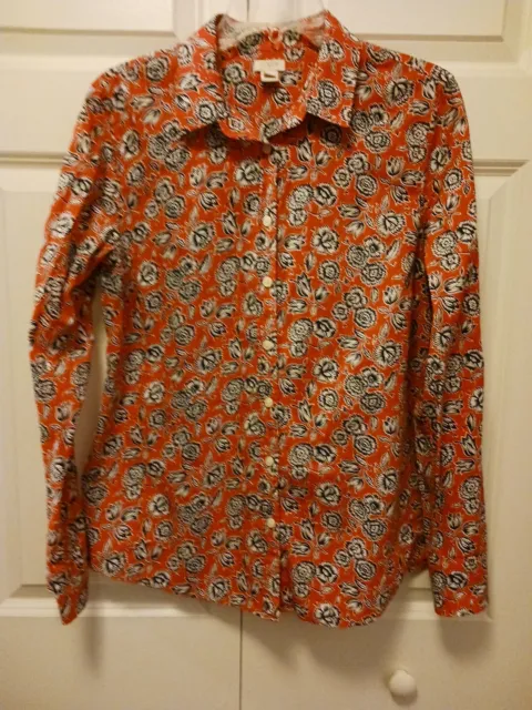 J Crew Womans Shirt Lge Red/Orange W Blue White Flowers Button Dn Long Slv Coton