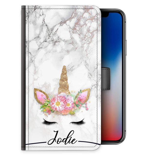 Licorne Initiale Téléphone Étui ;p Ersonalised Nom Gris Marbre Cuir PU Clapet