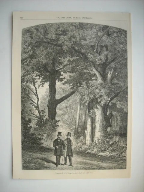 1861 Engraving. Emperor Napolon Iii Promenade In Fountain Bleau Forest...