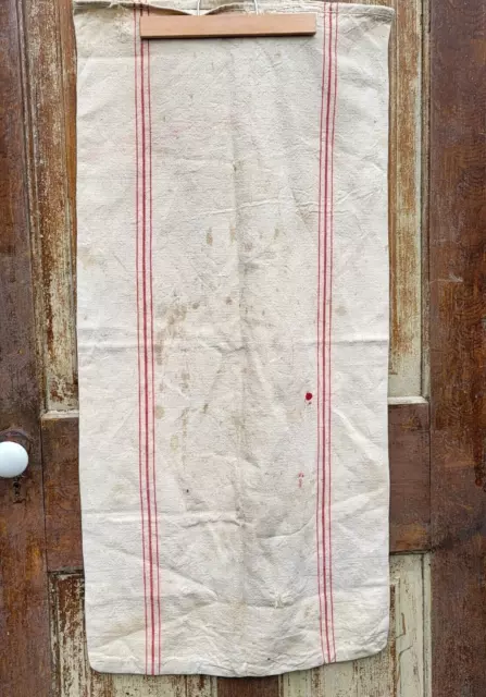 Antique German Red Stripe fabric grain sack hand woven linen hemp textile feed 3