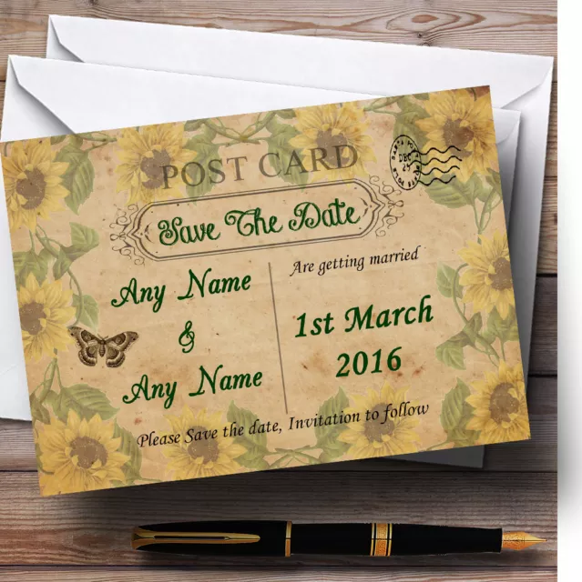 Sunflowers Vintage Shabby Chic Postcard Personalised Wedding Save The Date Cards