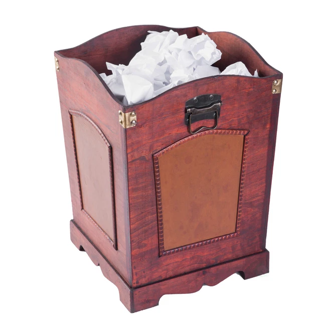 Rustic Cherry Wooden Decorative Trash Bin With Handles