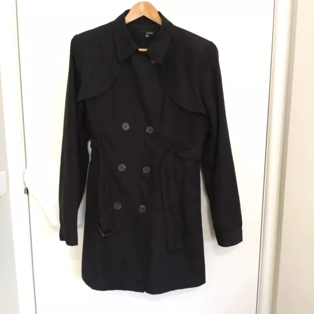 Womens Black Trench Coat with Shoulder Pads Mid- Long Soft Jacket Lined Size 14