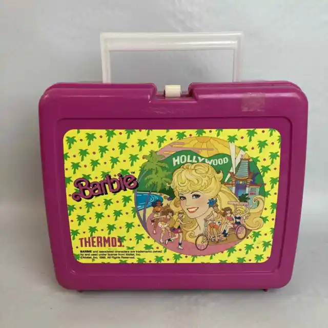 Vintage 80s 1988 Pink Plastic Hollywood Barbie Lunch Box Thermos