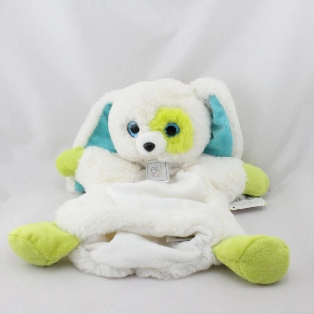 Doudou plat marionnette lapin blanc vert bleu OH STUDIO - 21433
