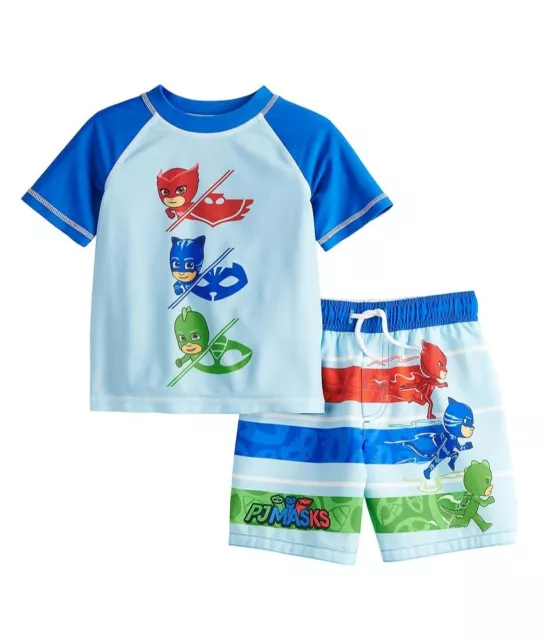 PJ Masks Swim Trunks Rash Guard Shirt Size 2T Boy Swimsuit Set Toddler NWT