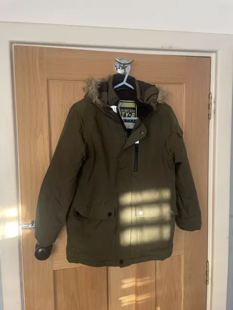 Boys Dark Khaki Green Next Parka Style Winter Coat with Fur Hood Age 9