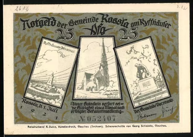 Notgeld Rossla am Kyffhäuser 1921, 25 Pfennig, Kyffhäuser-Denkmal, Kirche, Krie