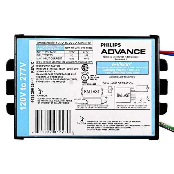 IMH-100-D-BLS Philips Advance MH HID 100W Electronic Ballast 120-277V