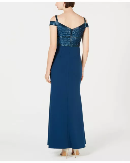 Adrianna Papell Womens Petite Beaded Cold Shoulder Gown Deep Blue 0P 2