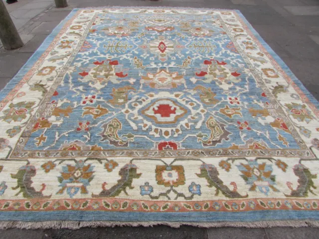 Vintage Traditional Hand Made Turkish Oushak Oriental Wool Blue Carpet 400x295cm