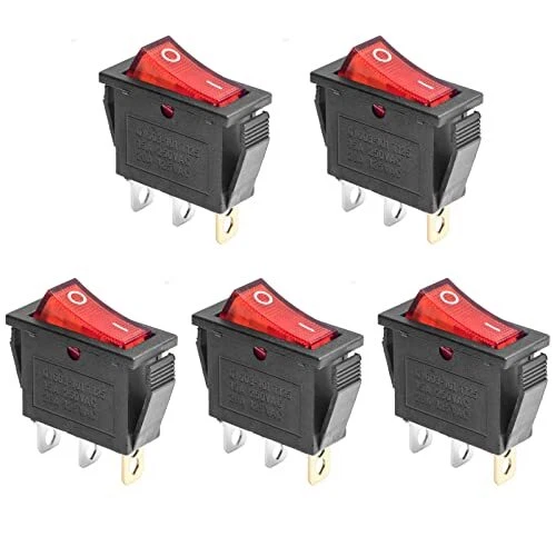 5Pcs AC 250V/16A, 125V/20A Red Light Illuminated LED On/Off Red/ON-OFF / 3Pins