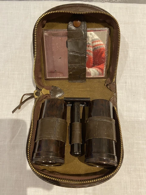 Vintage Men's Leather Grooming / Vanity Travel Set With Bakelite Accessories