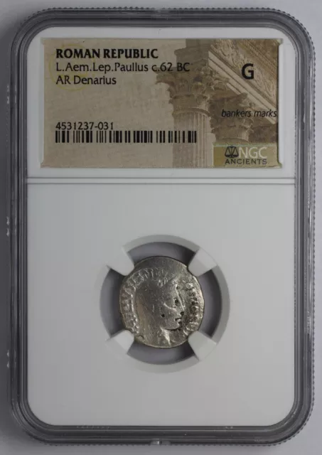 ROMAN REPUBLIC AR Denarius Paullus 62 BC NGC G Bankers Marks