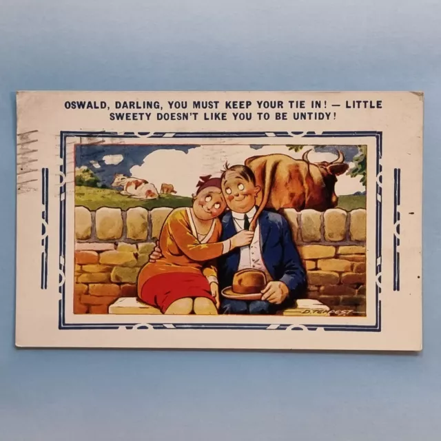 Postal de cómic 1934 pareja de cortejo campo de vaca corbata para mantener la cola en Bamforth & Co