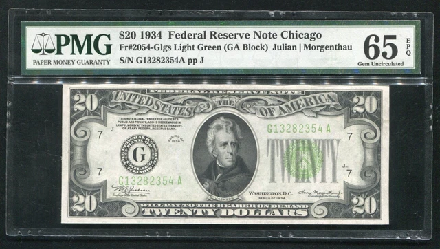 FR. 2054-Glgs 1934 $20 LGS LIGHT GREEN SEAL FRN CHICAGO, IL PMG GEM UNC-65EPQ