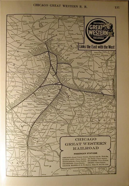 1920 CHICAGO GREAT Western Railroad System Map Gw Rr Depots Il Ia Ka Mn ...