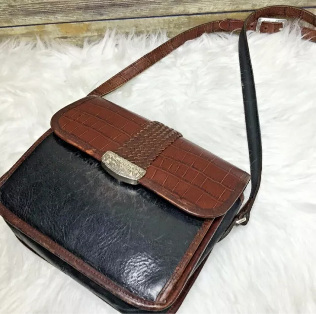 Vintage BRIGHTON Black and Brown Croc Trim Leather Crossbody Shoulder Bag Purse