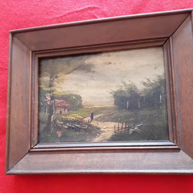 N 1 .Tableau ancien signé. Paysage animé. Peinture huile sur panneau de bois.