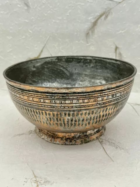 Antique Ornate Middle Eastern Turkish Tinned Copper Hammered Etched Footed Bowl