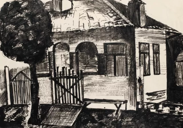 Vintage expressionist ink painting landscape house