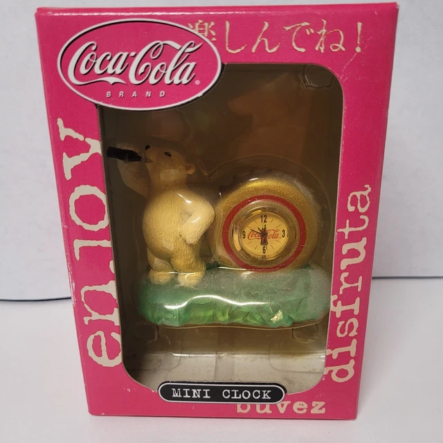 Coca Cola Mini Clock Polar Bear w/Bottle Cap on iceberg drinking Coke bottle
